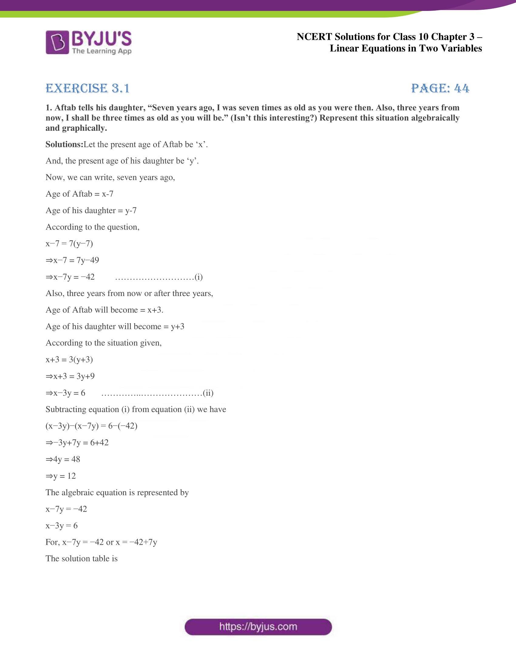 NCERT Solutions for Class 10 Chapter 3 Linear Equations in Two Variables