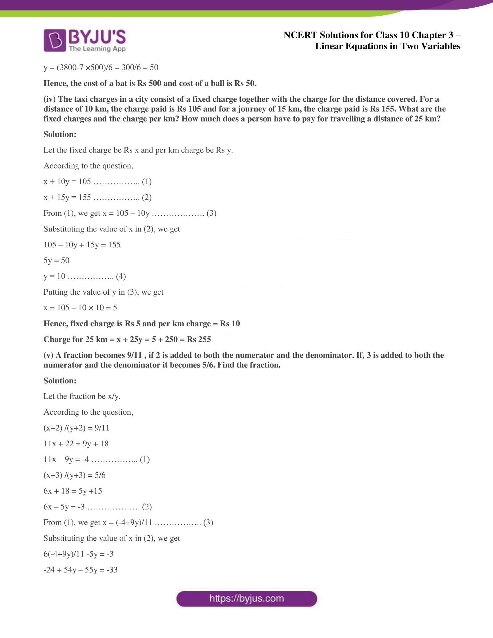 NCERT Solutions for Class 10 Chapter 3 Linear Equations in Two Variables