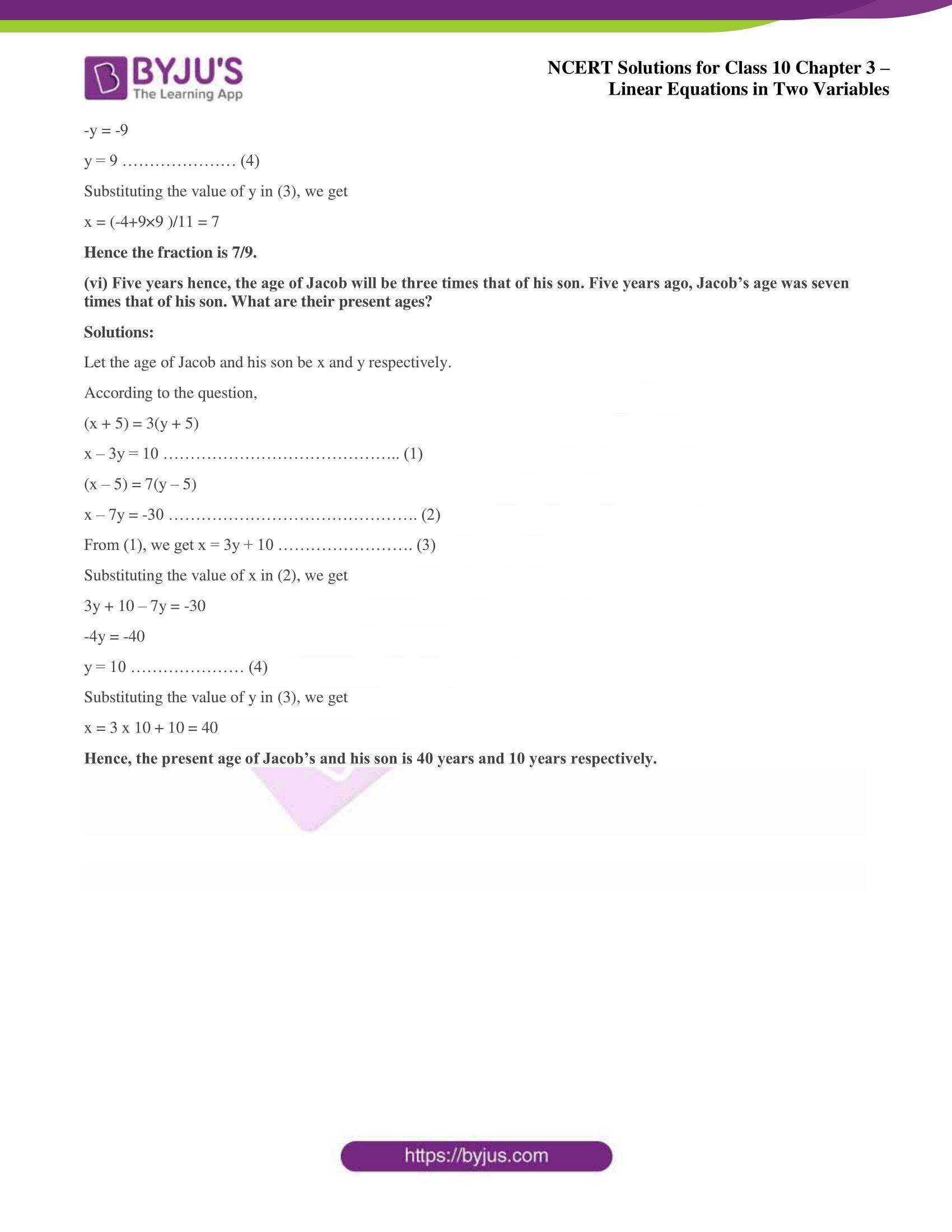 NCERT Solutions for Class 10 Chapter 3 Linear Equations in Two Variables