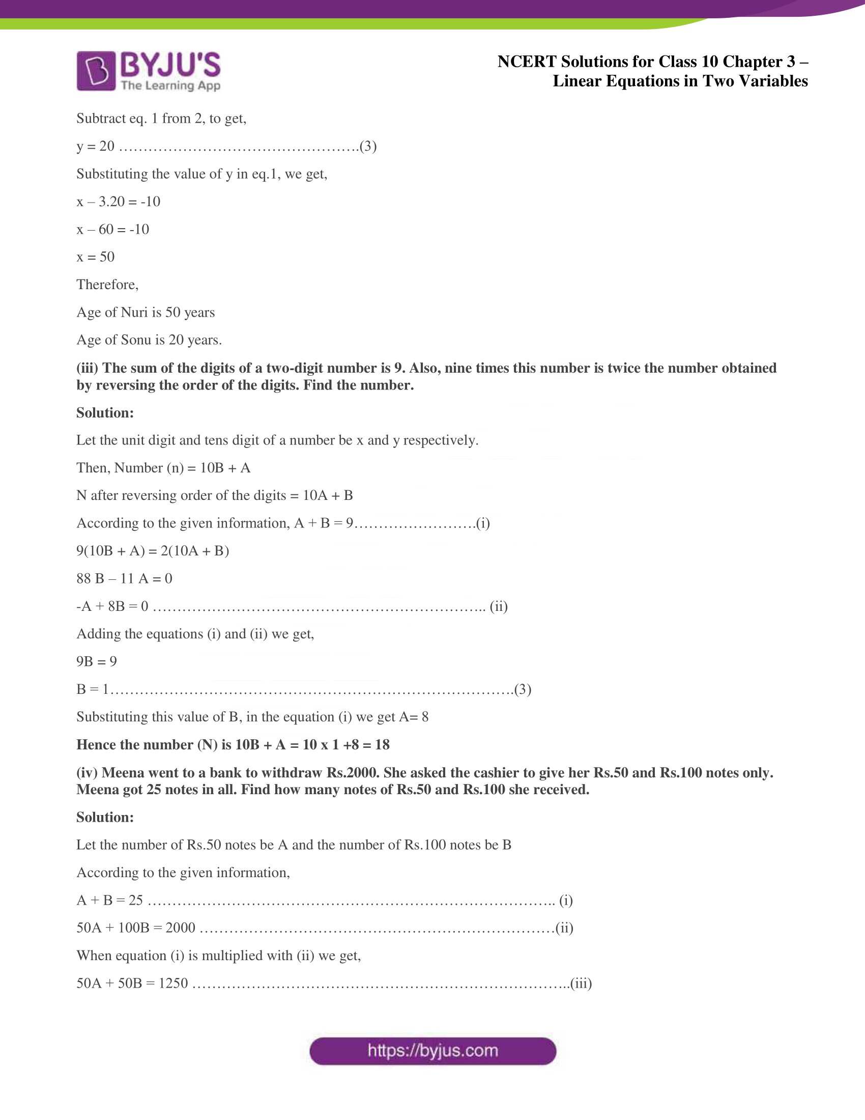 NCERT Solutions for Class 10 Chapter 3 Linear Equations in Two Variables