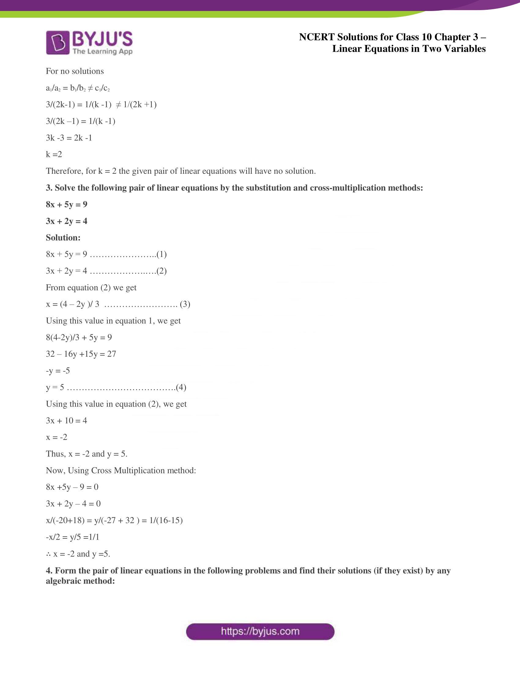 NCERT Solutions for Class 10 Chapter 3 Linear Equations in Two Variables