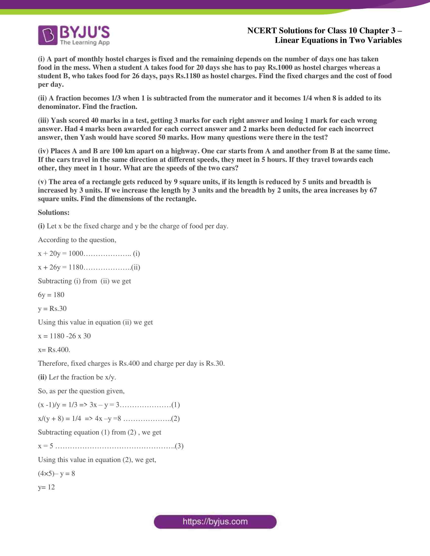 NCERT Solutions for Class 10 Chapter 3 Linear Equations in Two Variables