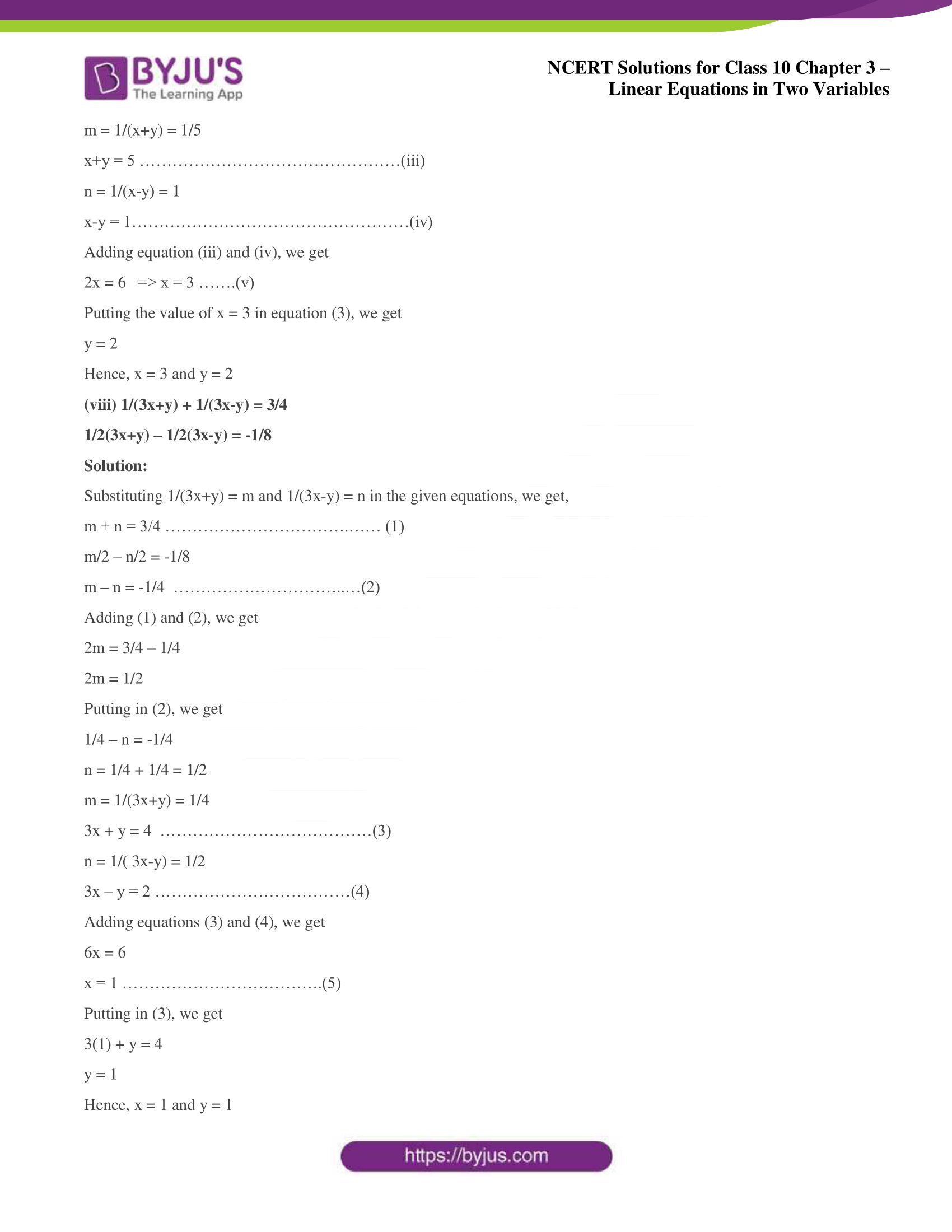 NCERT Solutions for Class 10 Chapter 3 Linear Equations in Two Variables