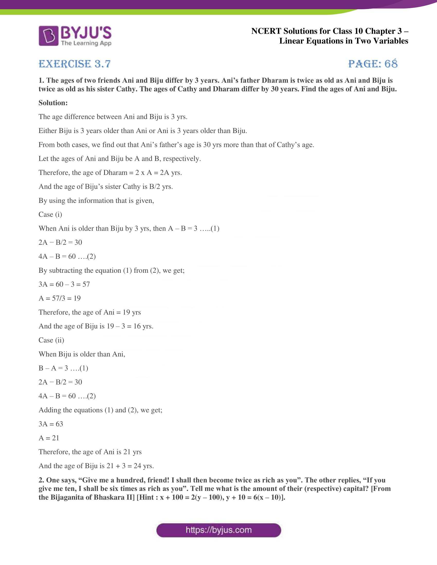 NCERT Solutions for Class 10 Chapter 3 Linear Equations in Two Variables