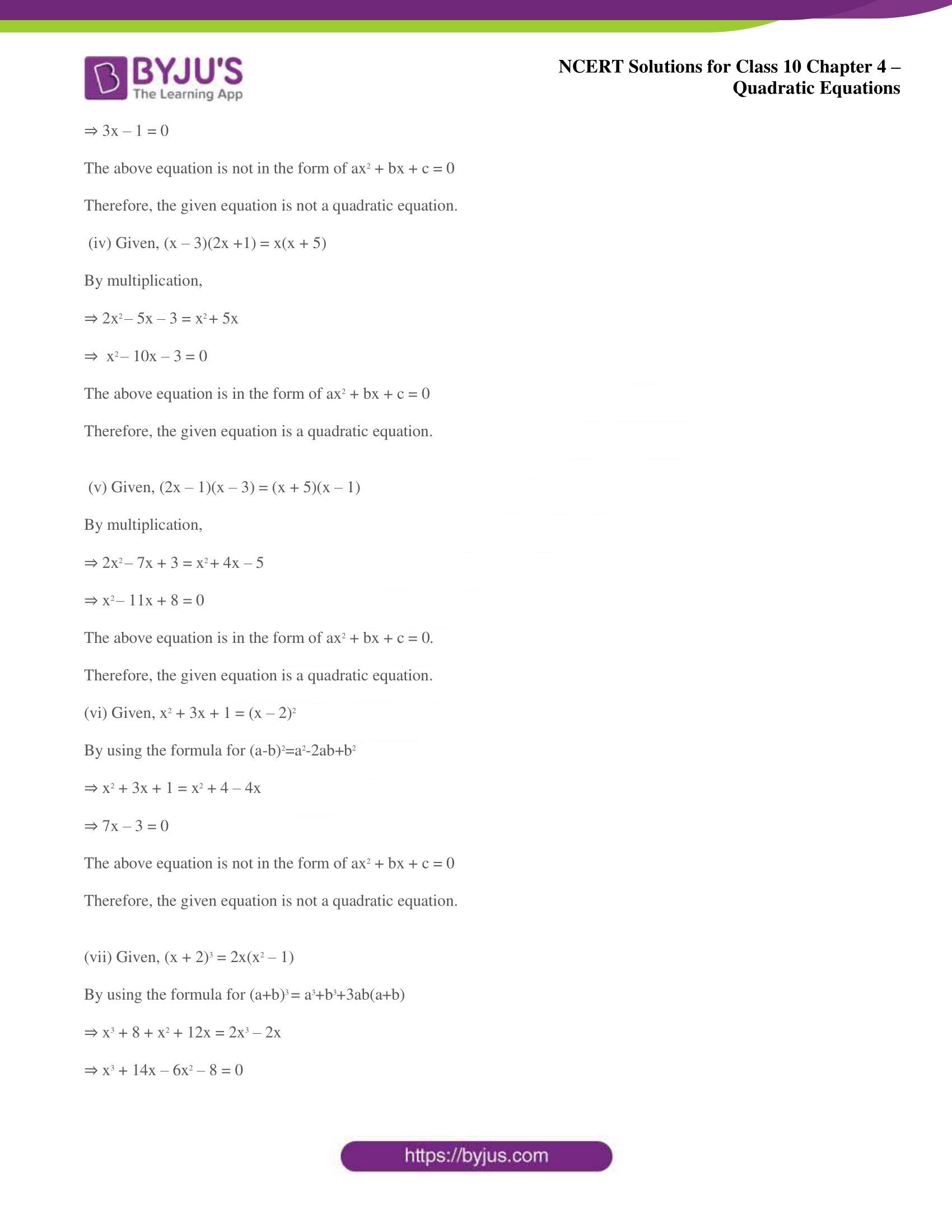 NCERT Solutions for Class 10 Maths Chapter 4 Quadratic Equations