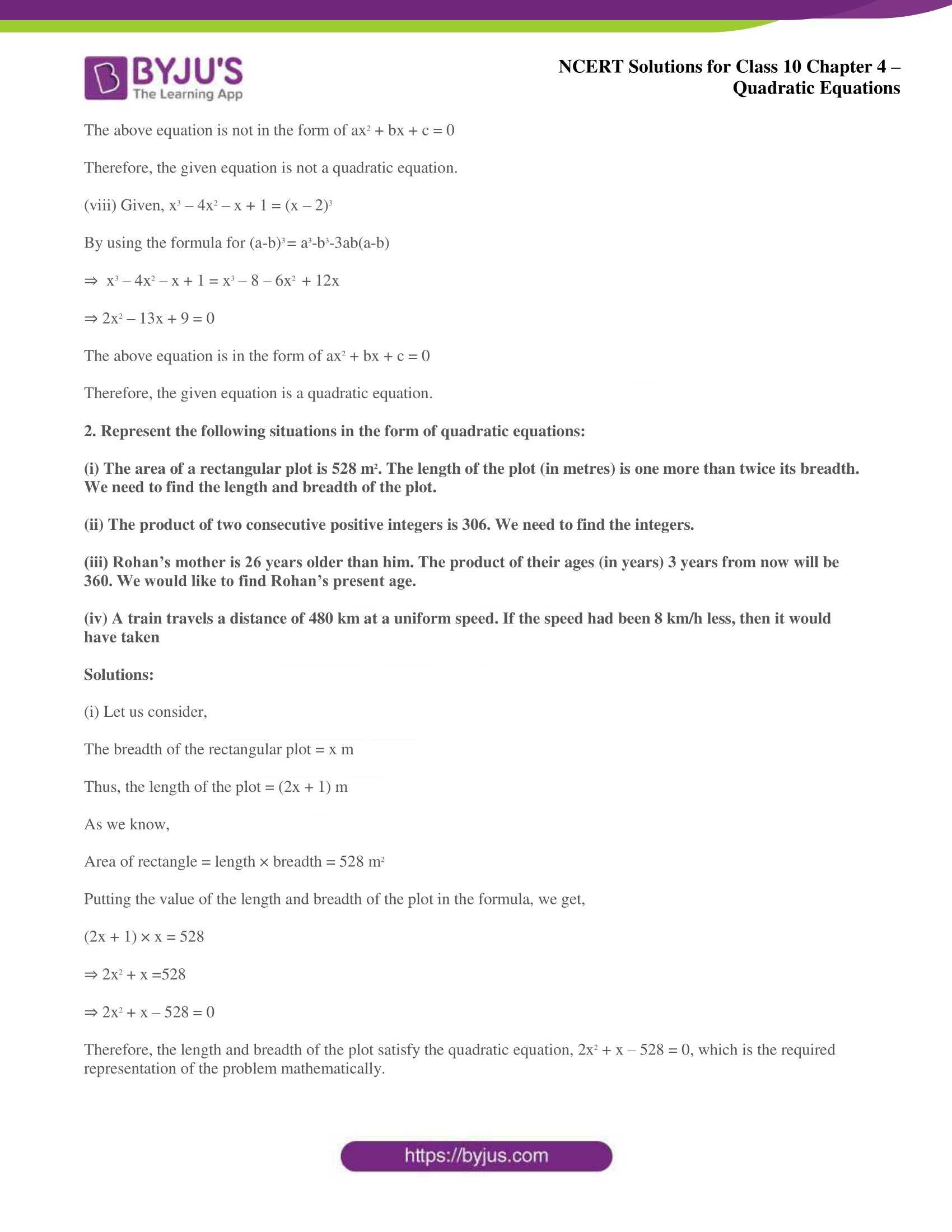 NCERT Solutions for Class 10 Maths Chapter 4 Quadratic Equations