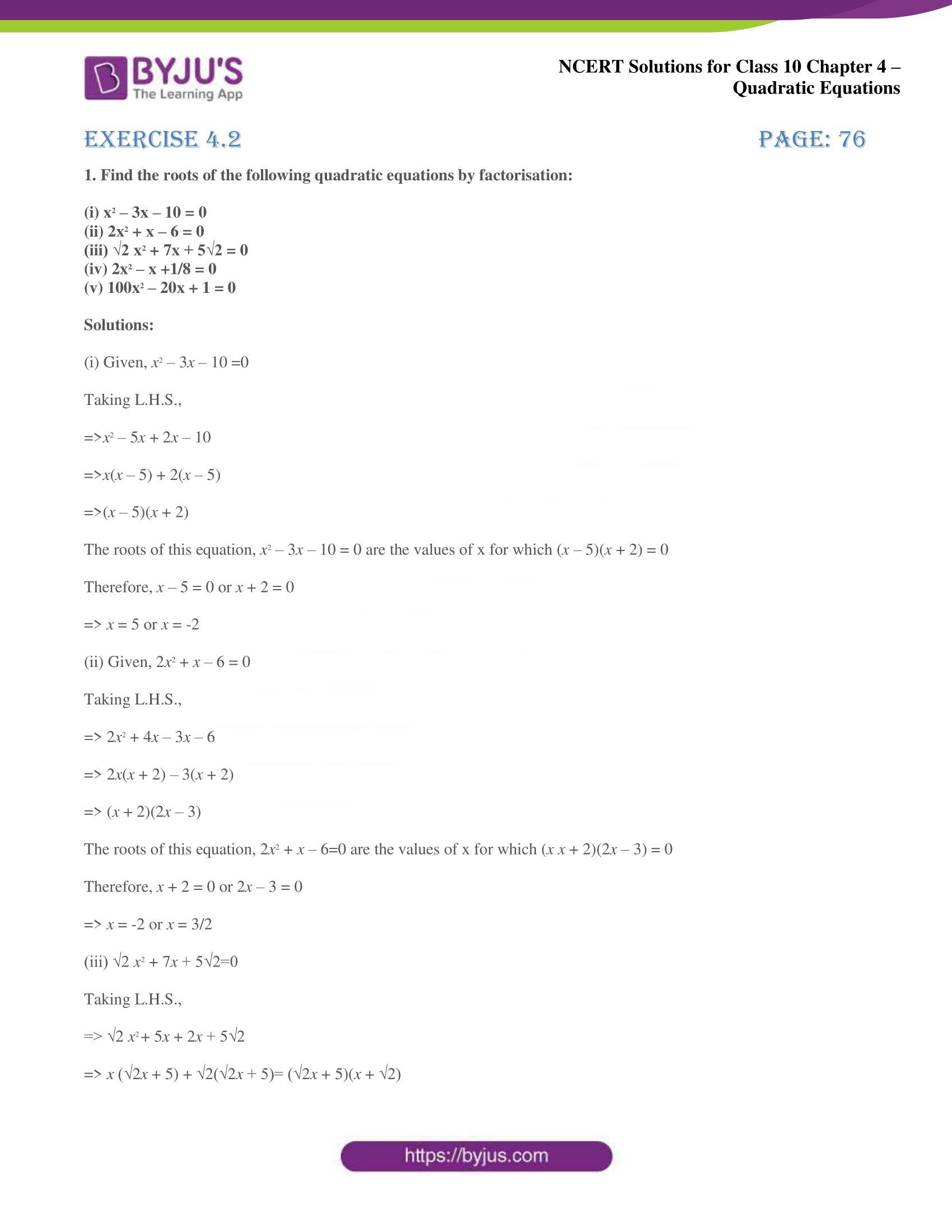 NCERT Solutions for Class 10 Maths Chapter 4 Quadratic Equations