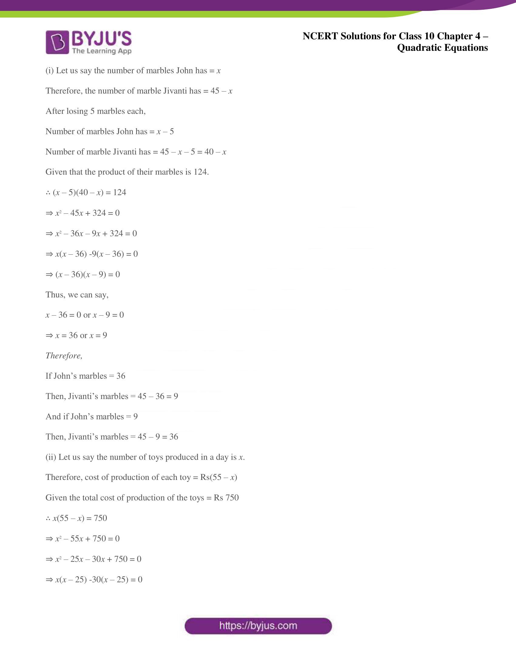 NCERT Solutions for Class 10 Maths Chapter 4 Quadratic Equations