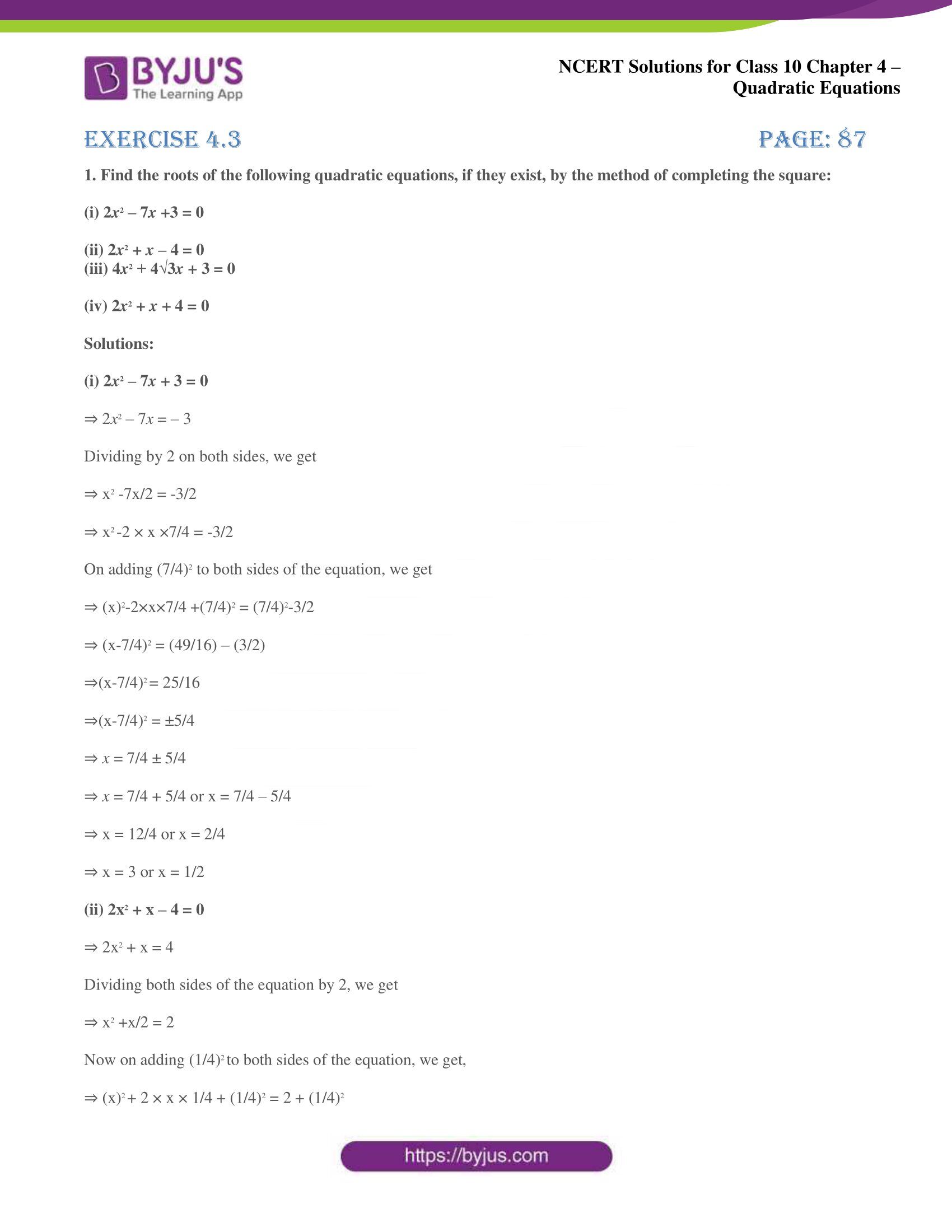 NCERT Solutions for Class 10 Maths Chapter 4 Quadratic Equations