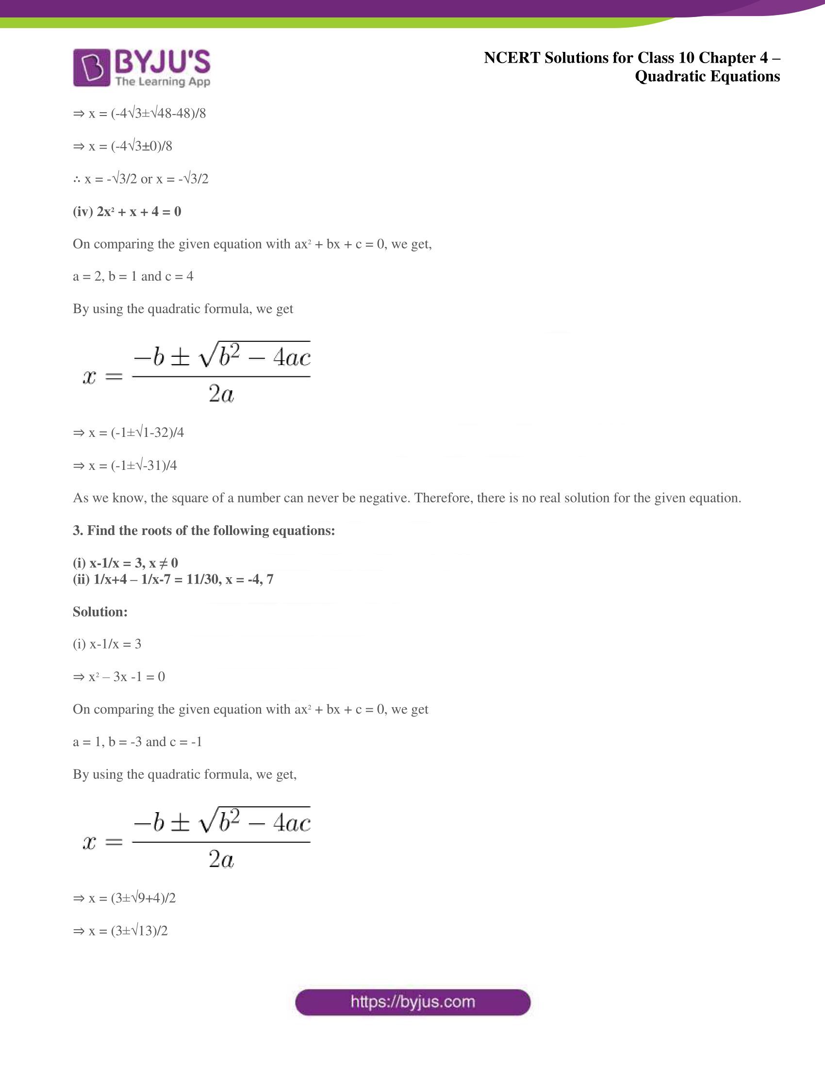 NCERT Solutions for Class 10 Maths Chapter 4 Quadratic Equations