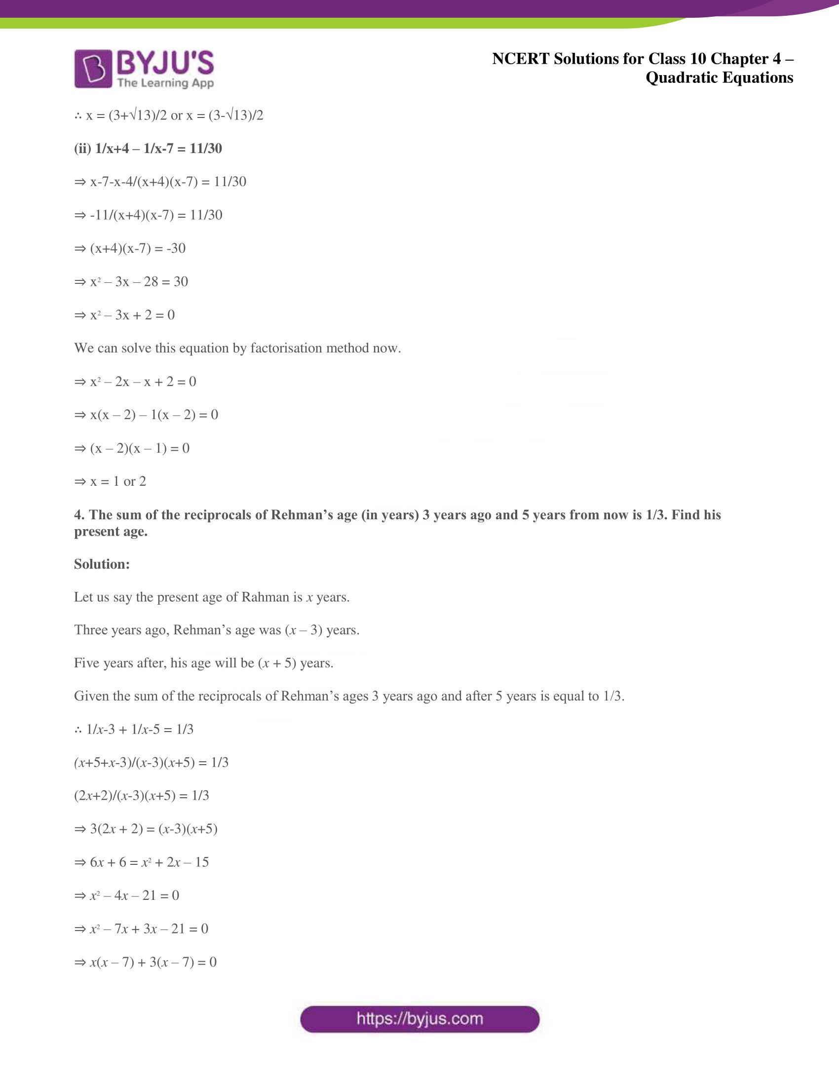 NCERT Solutions for Class 10 Maths Chapter 4 Quadratic Equations