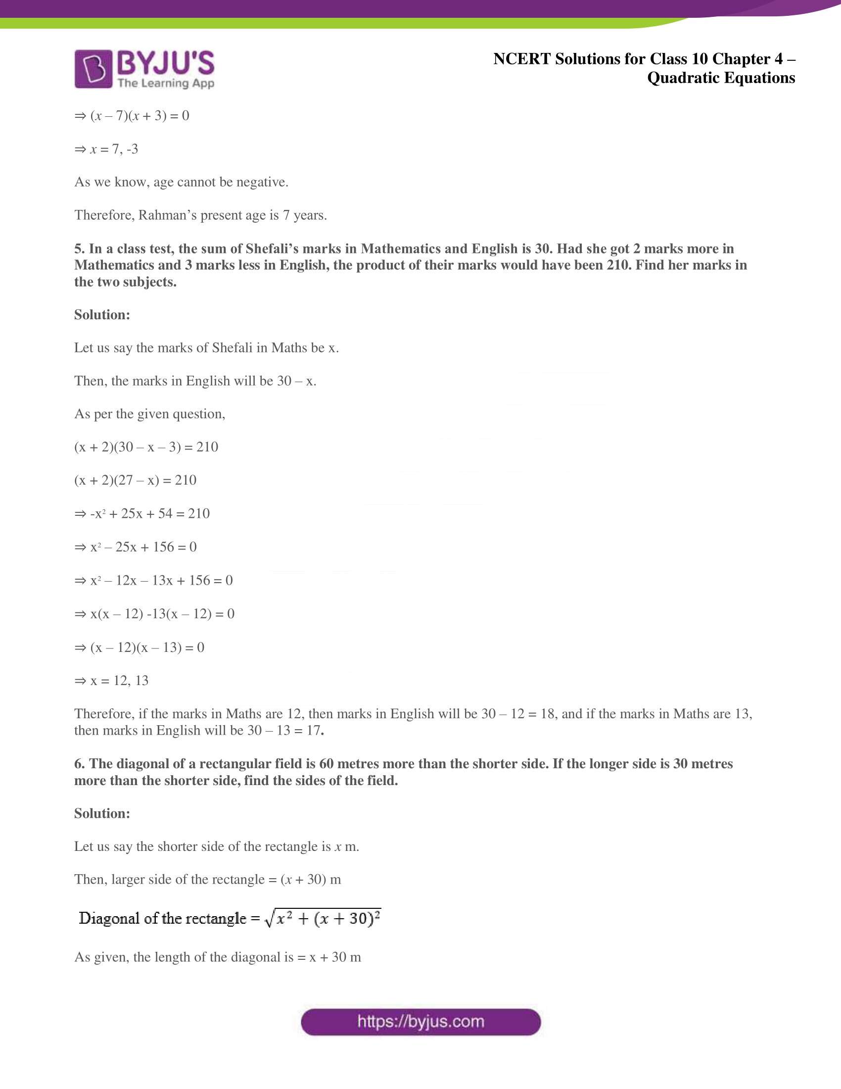 NCERT Solutions for Class 10 Maths Chapter 4 Quadratic Equations