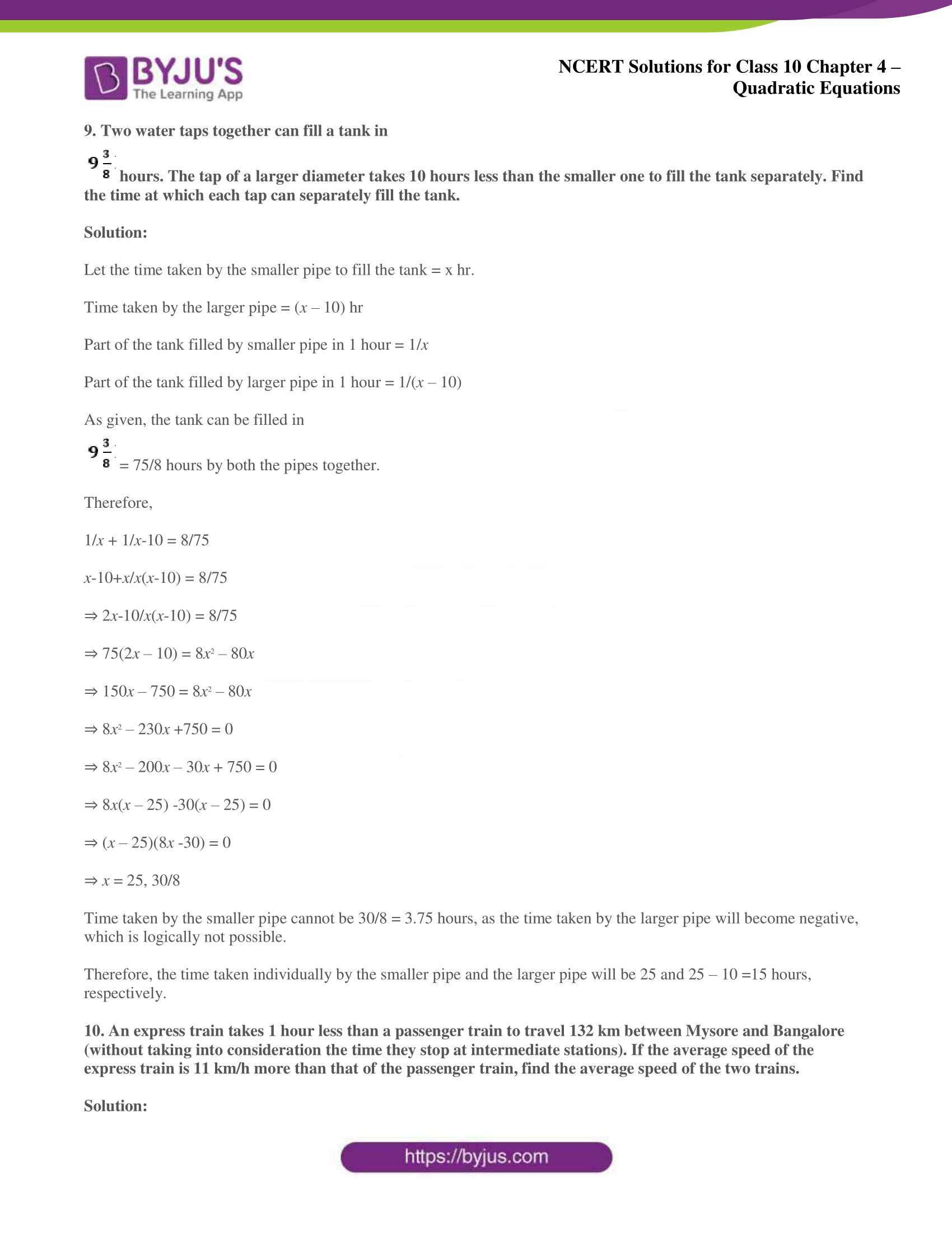 NCERT Solutions for Class 10 Maths Chapter 4 Quadratic Equations