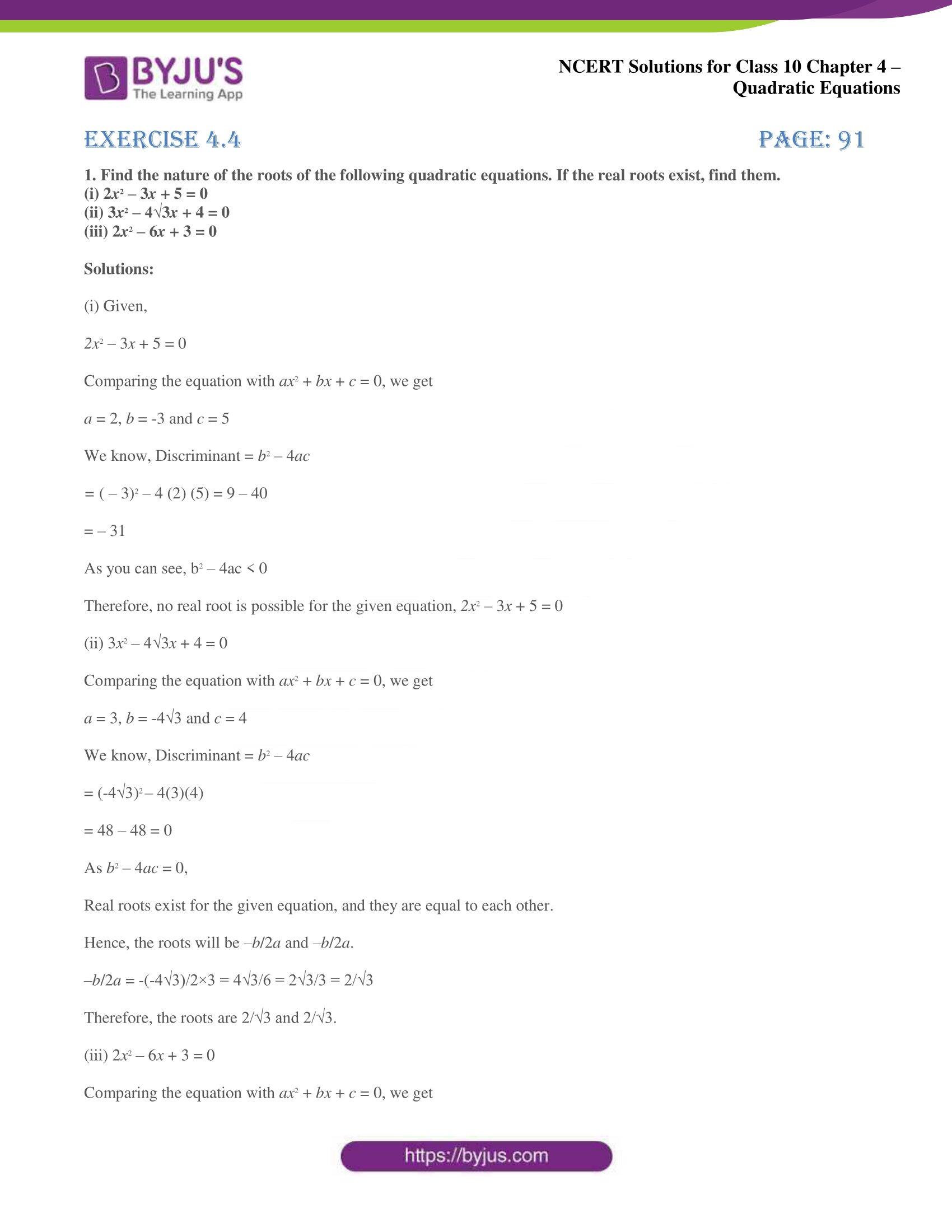 NCERT Solutions for Class 10 Maths Chapter 4 Quadratic Equations