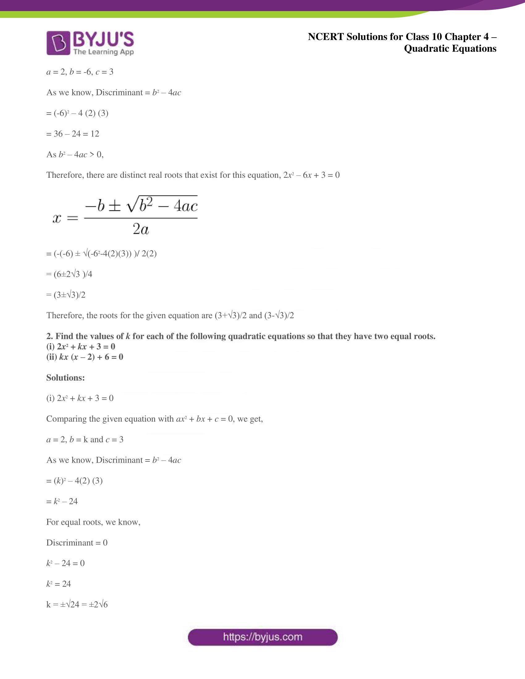 NCERT Solutions for Class 10 Maths Chapter 4 Quadratic Equations