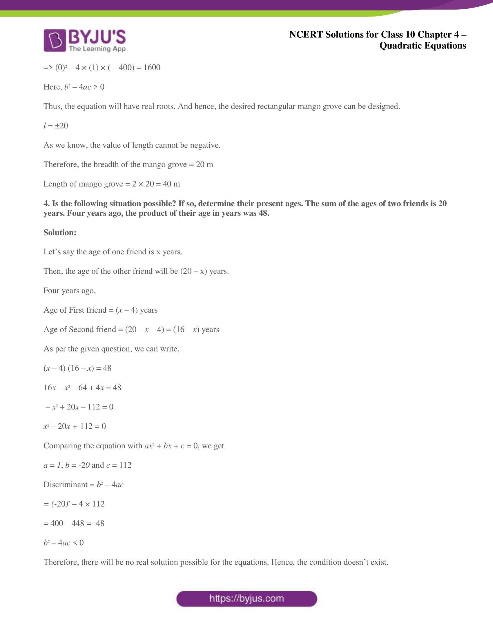 NCERT Solutions for Class 10 Maths Chapter 4 Quadratic Equations