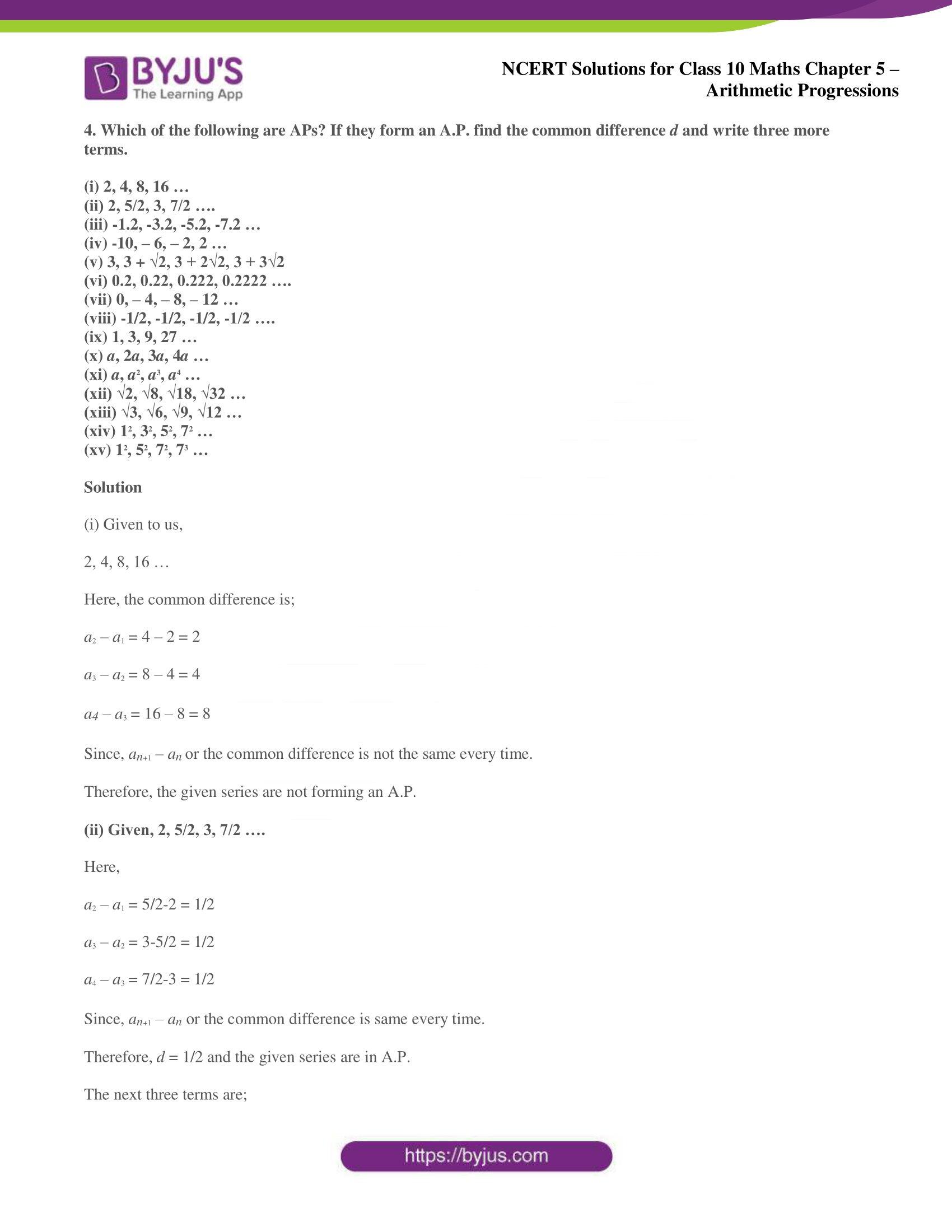 NCERT solutions for Class 10 Maths chapter 5 Arithmetic Progression