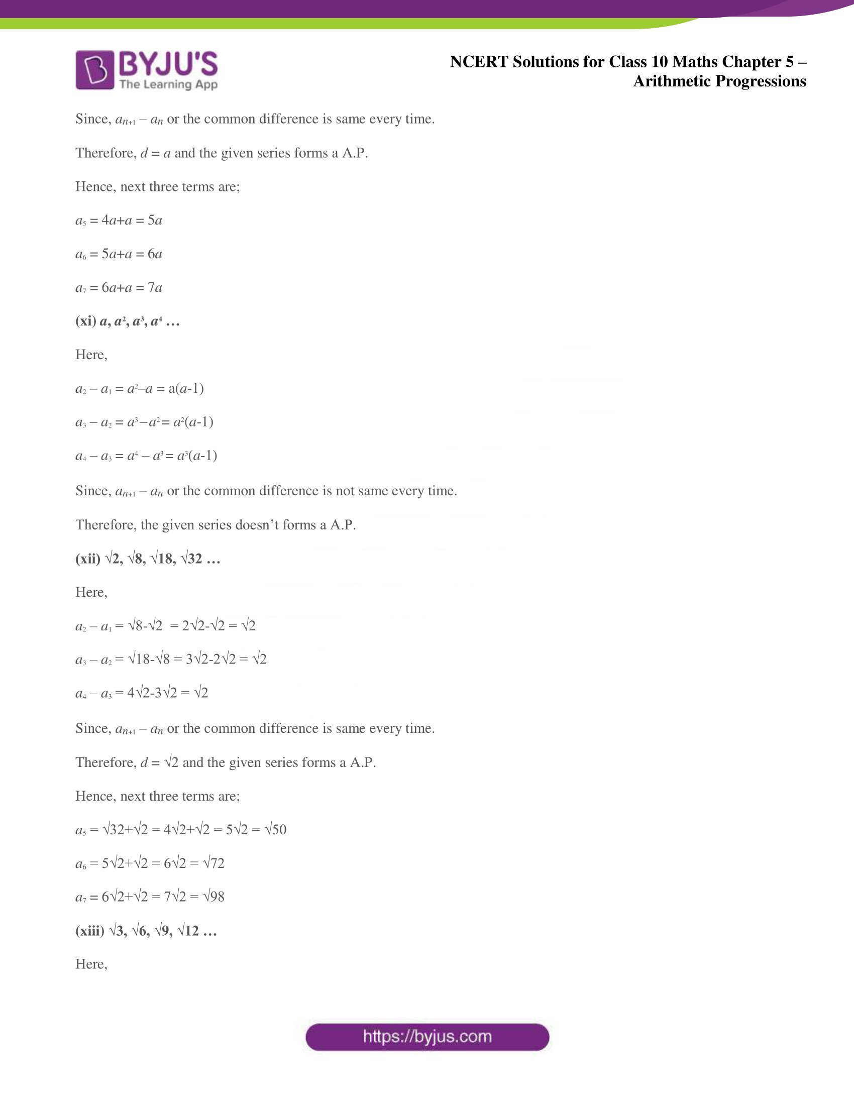 NCERT solutions for Class 10 Maths chapter 5 Arithmetic Progression