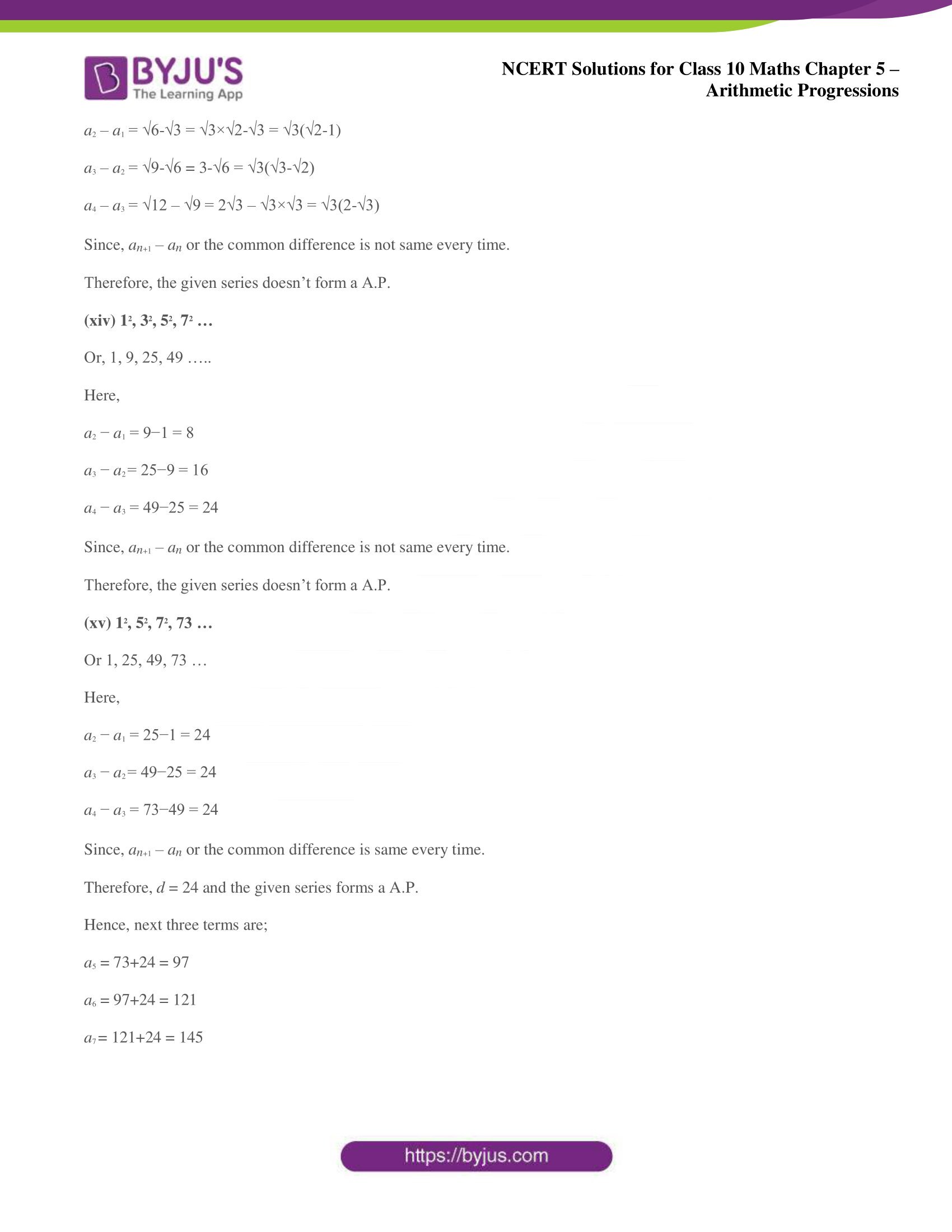 NCERT solutions for Class 10 Maths chapter 5 Arithmetic Progression