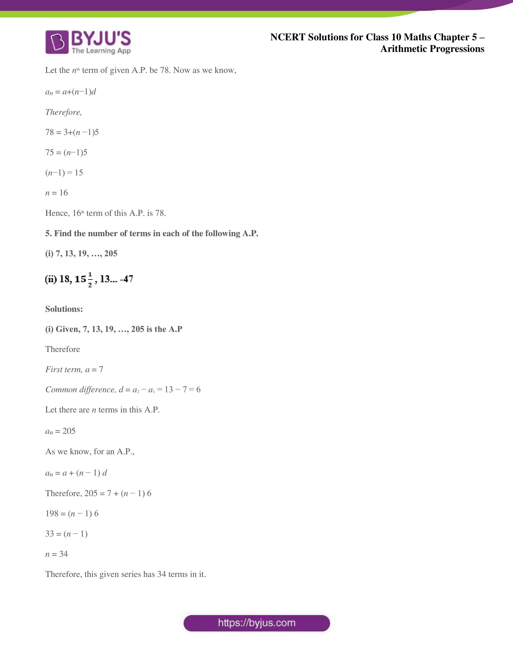 NCERT solutions for Class 10 Maths chapter 5 Arithmetic Progression