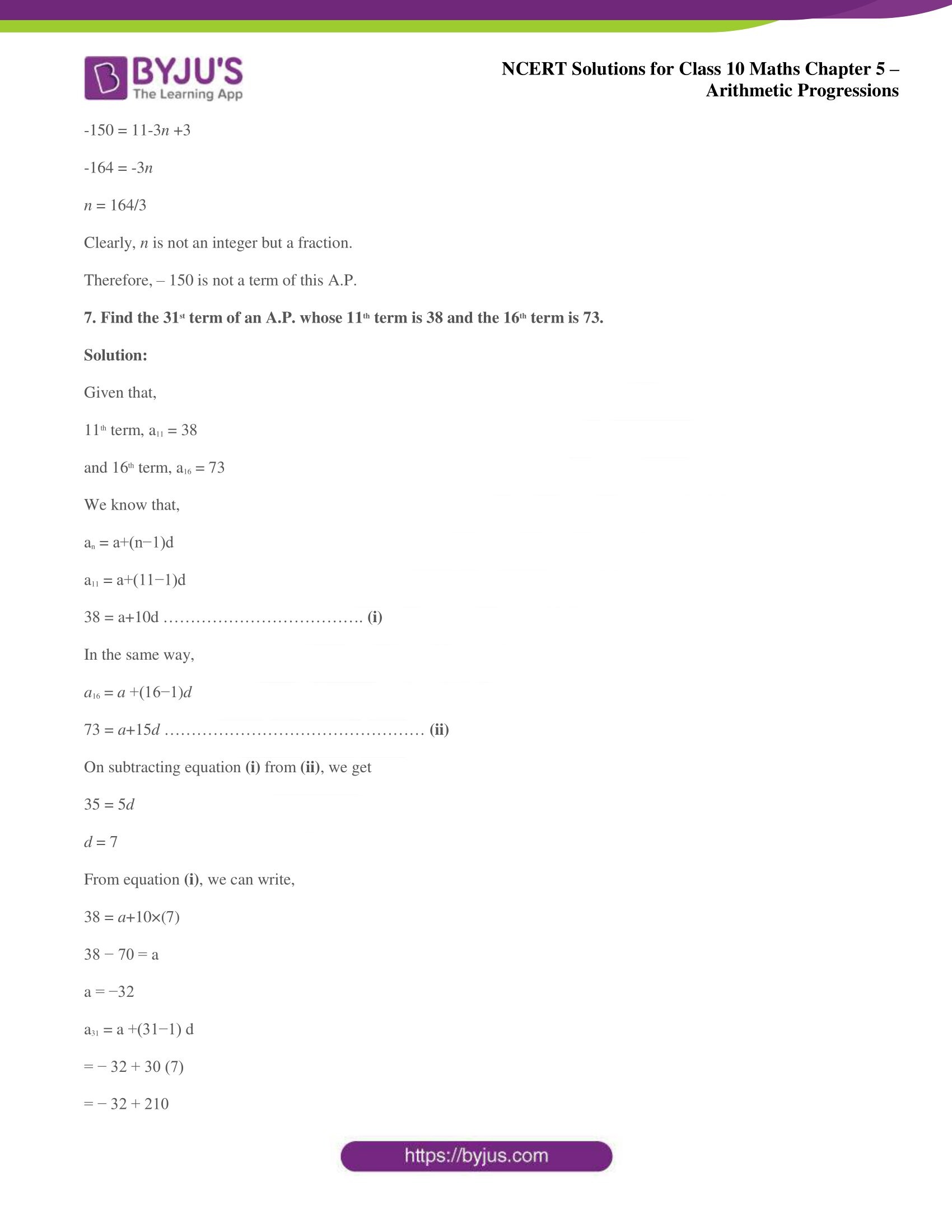 NCERT solutions for Class 10 Maths chapter 5 Arithmetic Progression