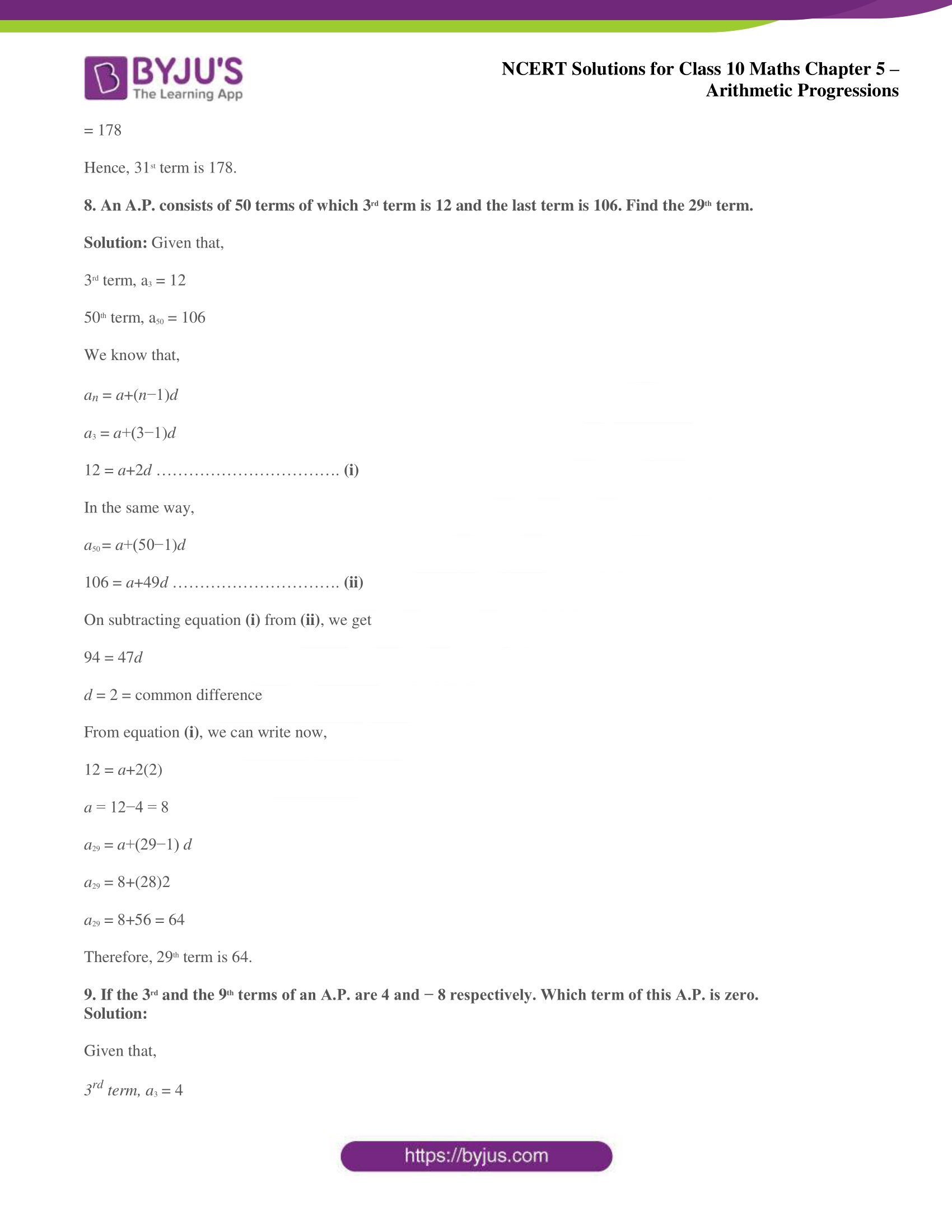 NCERT solutions for Class 10 Maths chapter 5 Arithmetic Progression