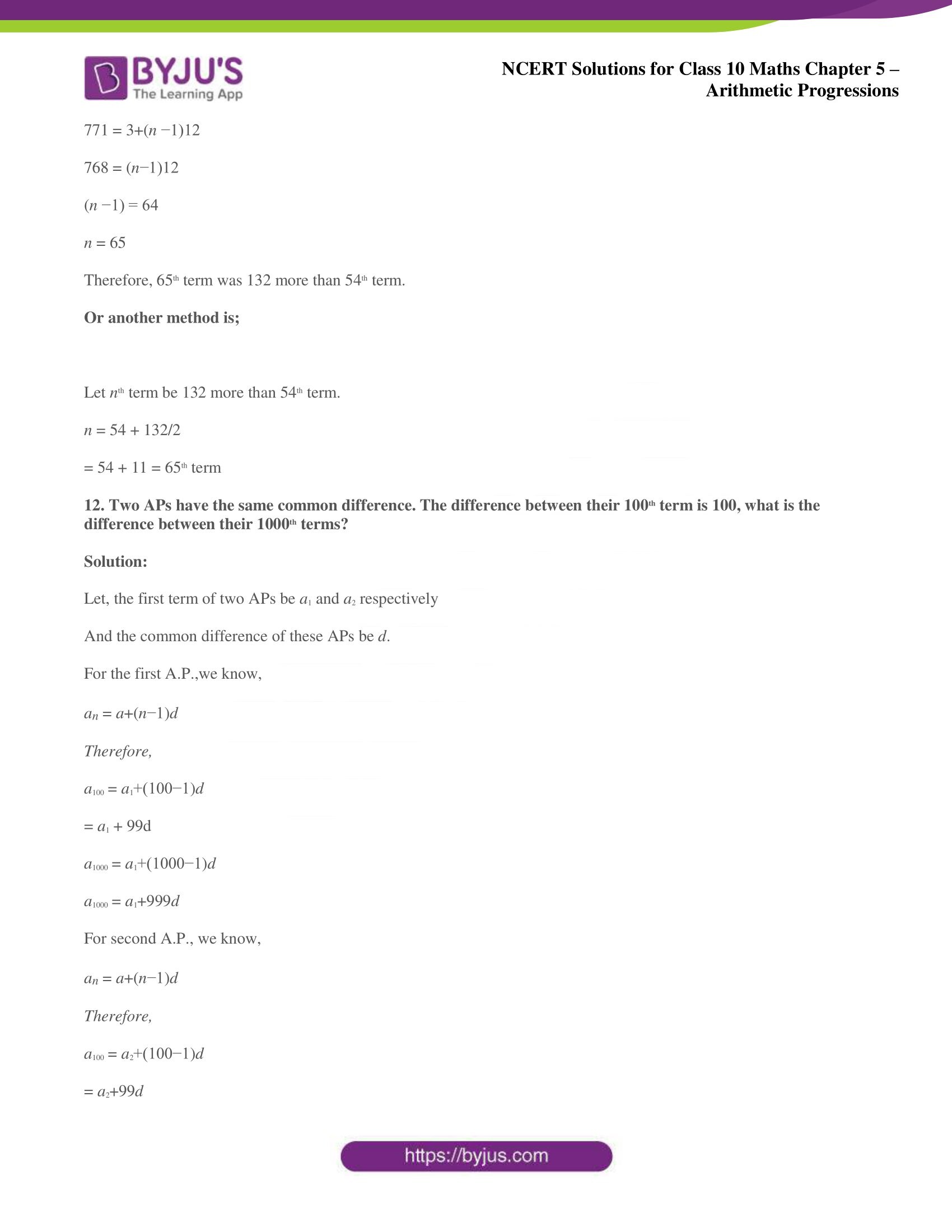 NCERT solutions for Class 10 Maths chapter 5 Arithmetic Progression