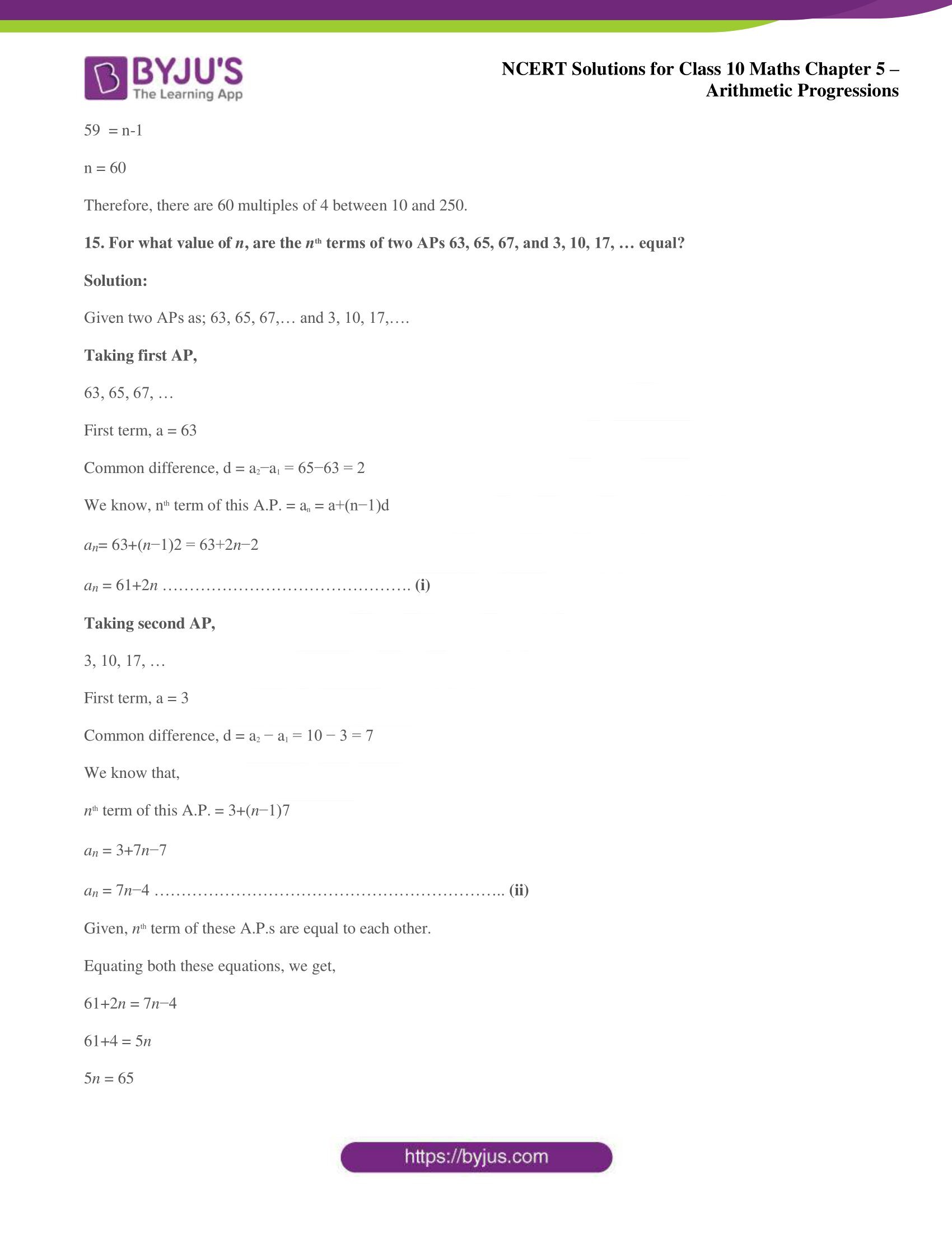 NCERT solutions for Class 10 Maths chapter 5 Arithmetic Progression