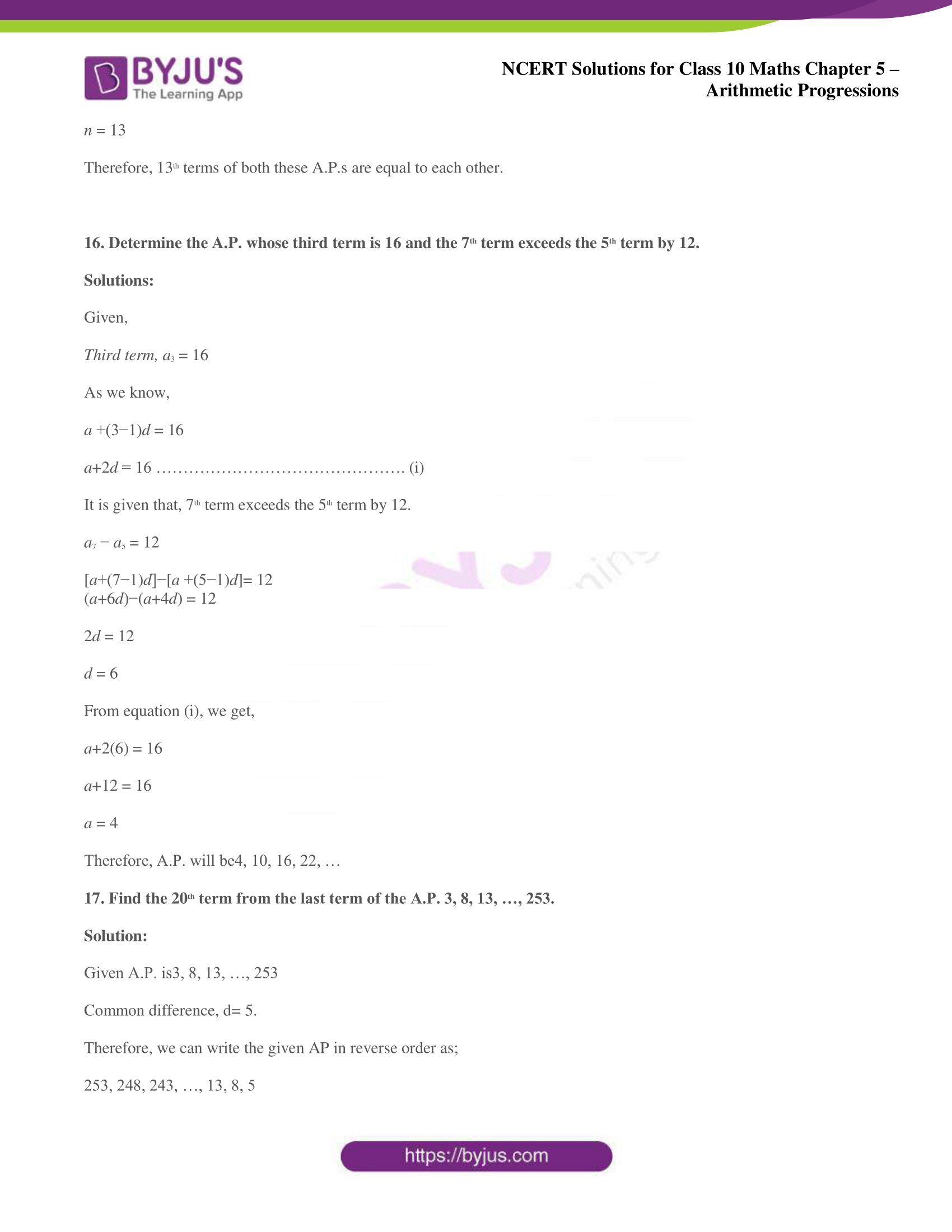 NCERT solutions for Class 10 Maths chapter 5 Arithmetic Progression