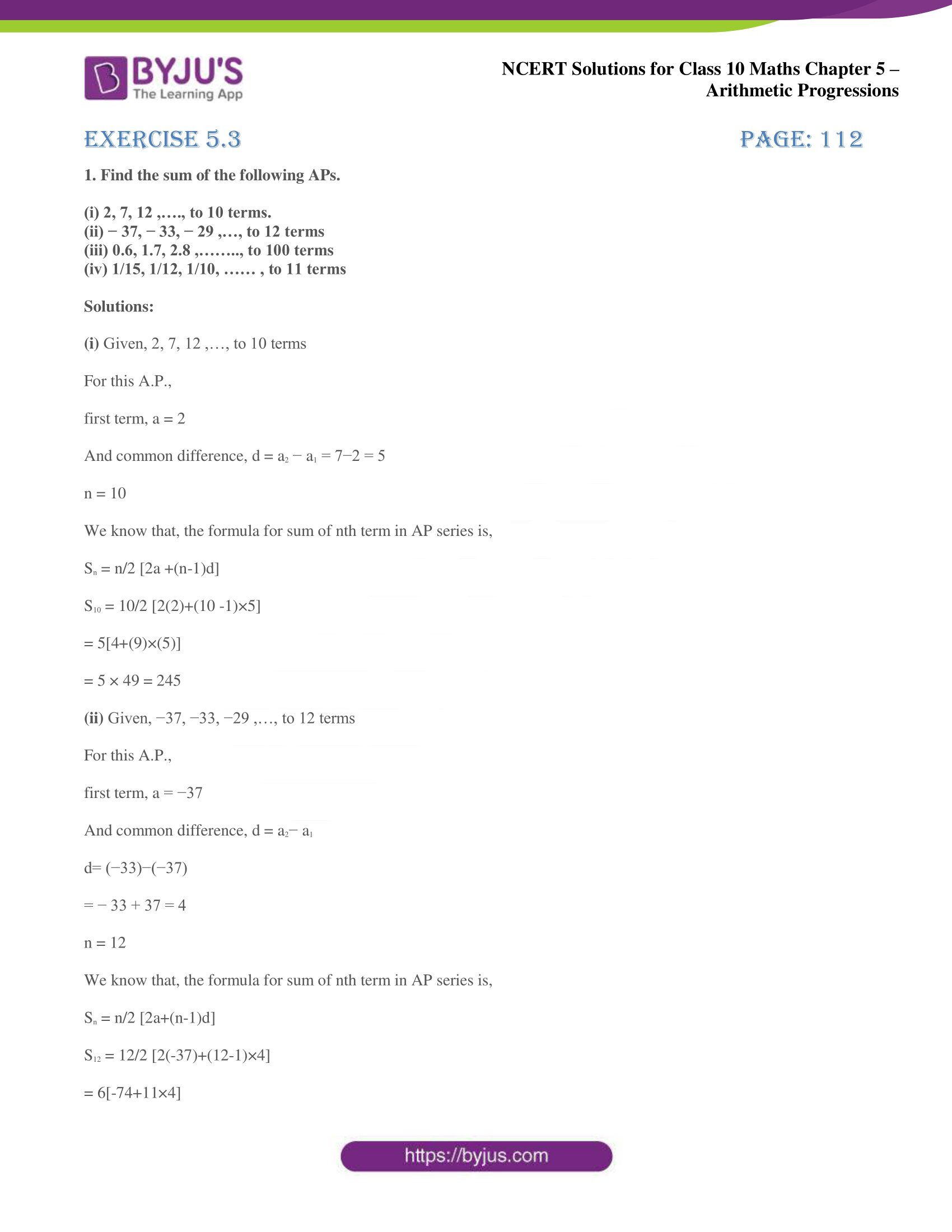 NCERT solutions for Class 10 Maths chapter 5 Arithmetic Progression